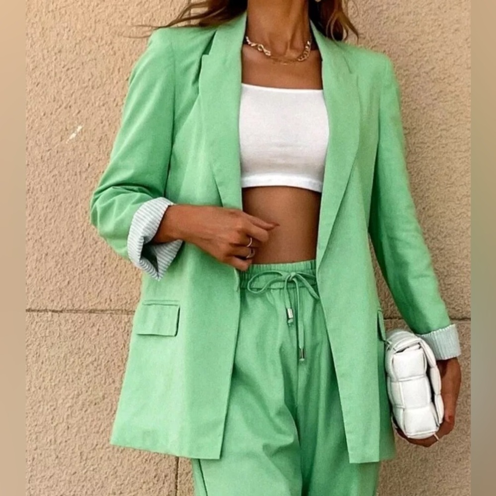 Women Lapel Light Green Open Blazer Jacket